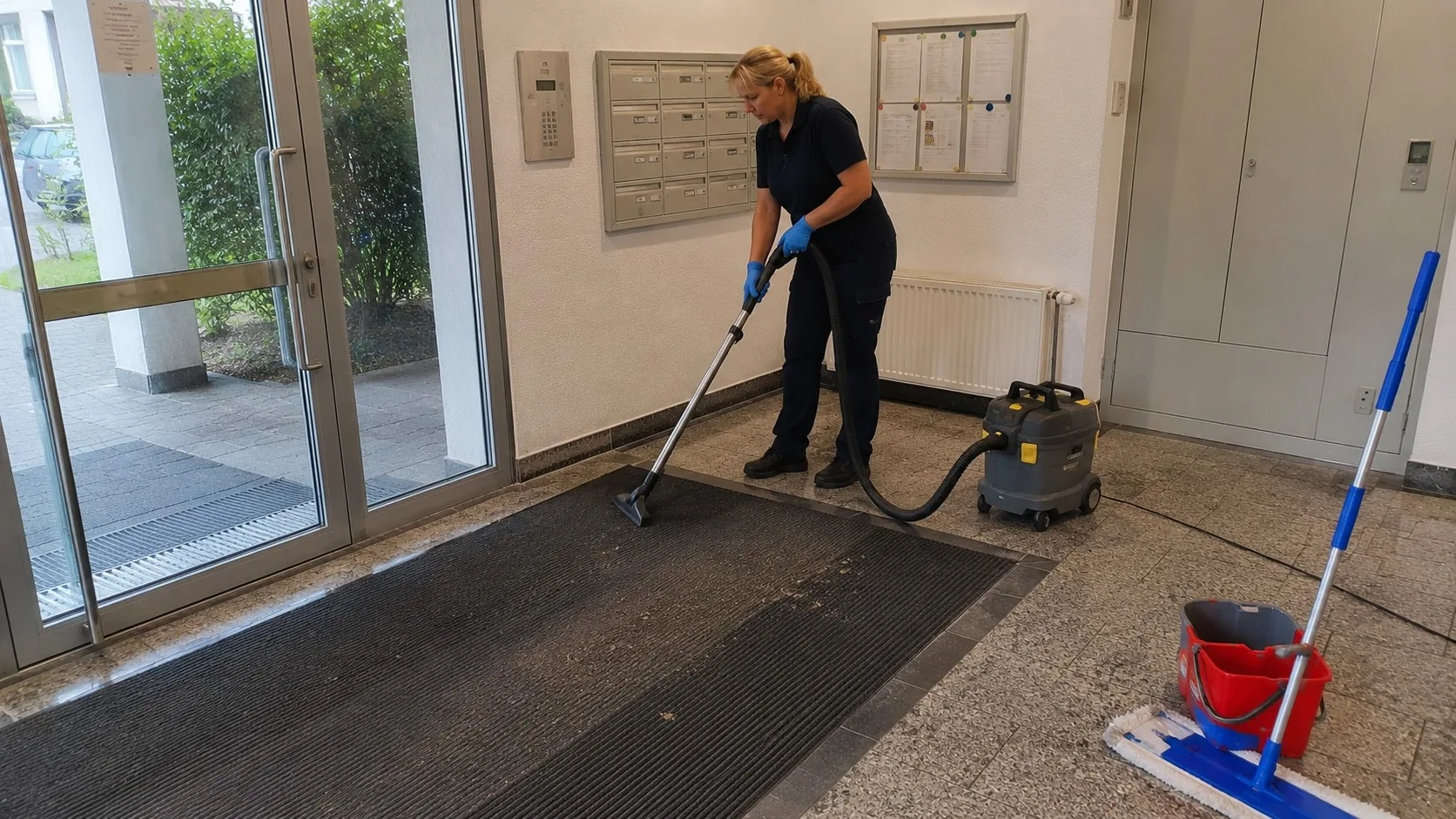 Mitarbeiterin saugt Eingangsmatte im Eingangsbereich eines Mehrfamilienhauses