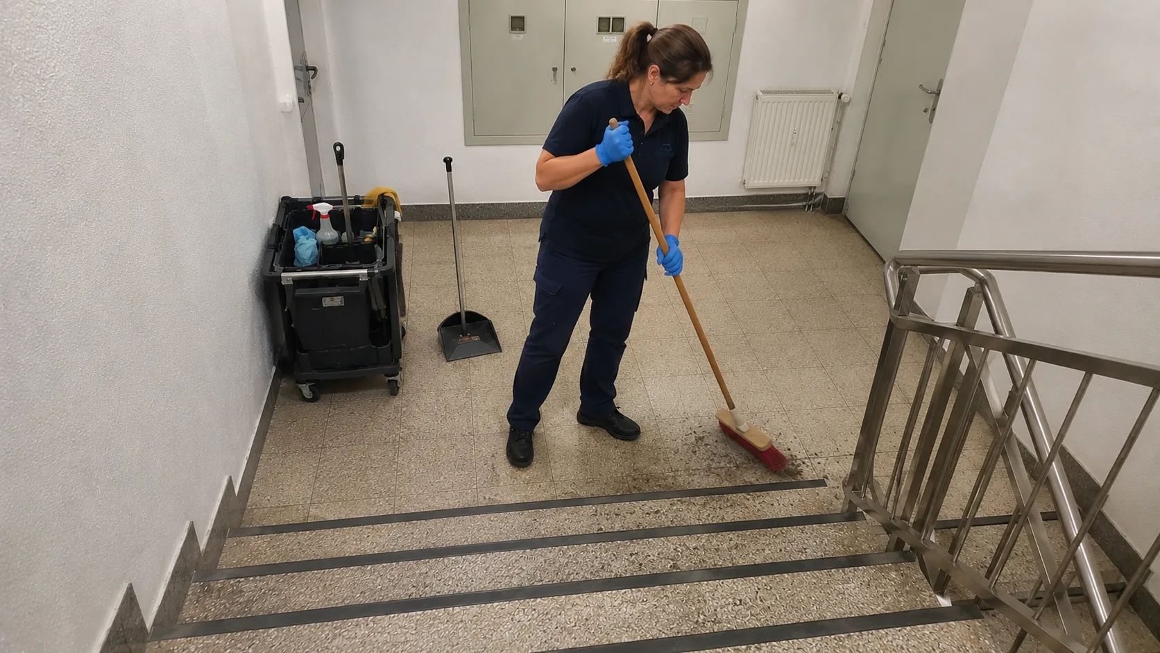 Reinigungsfachkraft kehrt Treppenabsatz mit Besen