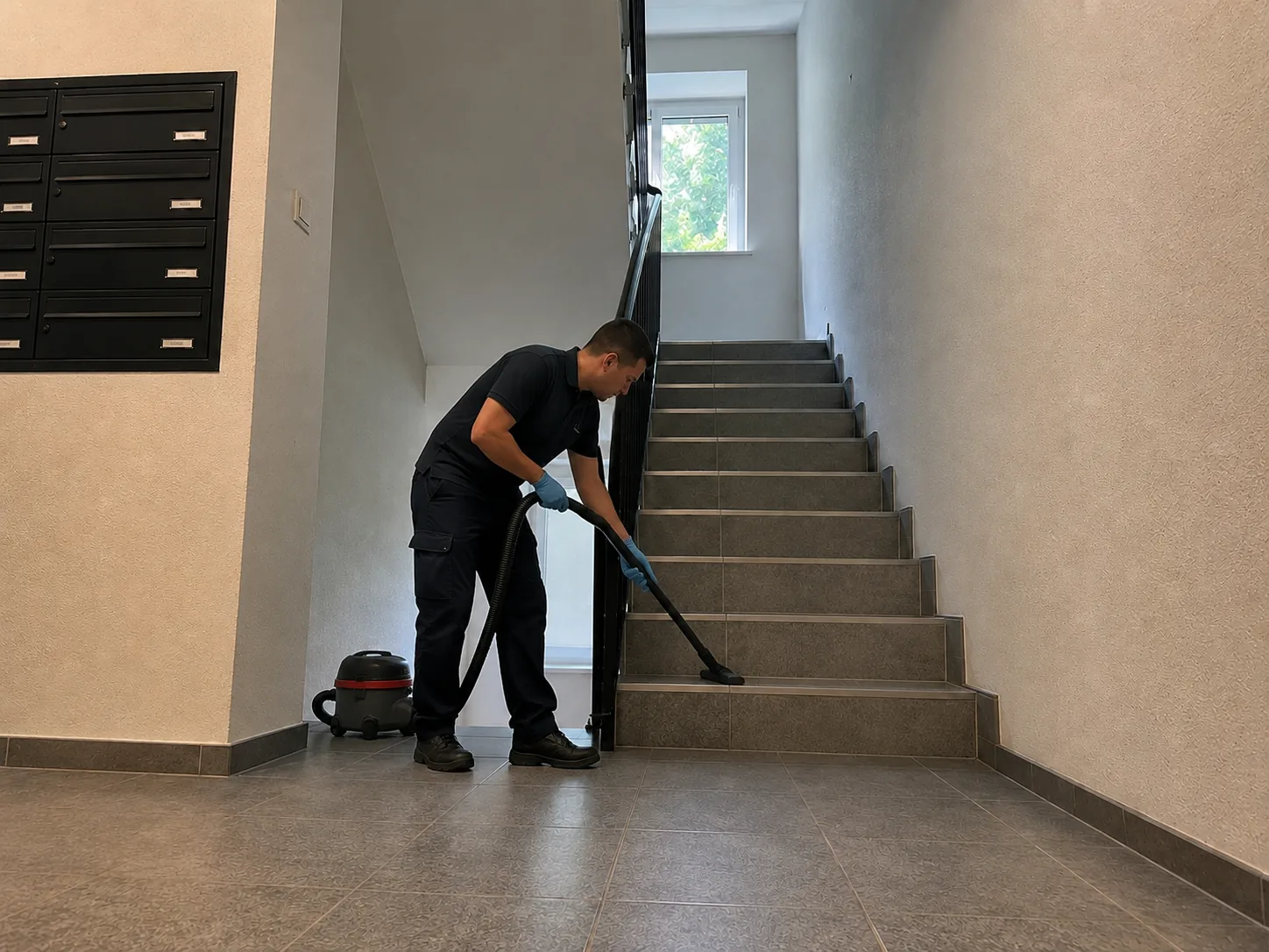 Reinigungskraft saugt Treppenabsatz neben den Briefkästen